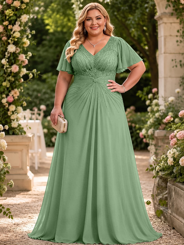 Chiffon A-Line V Neck Plus Size Mother of the Bride Dresses with Beadings