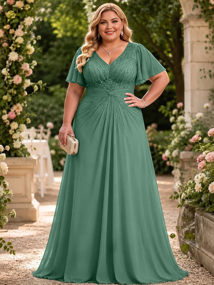 Chiffon A-Line V Neck Plus Size Mother of the Bride Dresses with Beadings