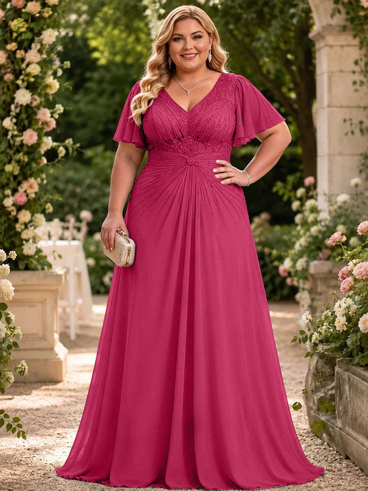 Chiffon A-Line V Neck Plus Size Mother of the Bride Dresses with Beadings
