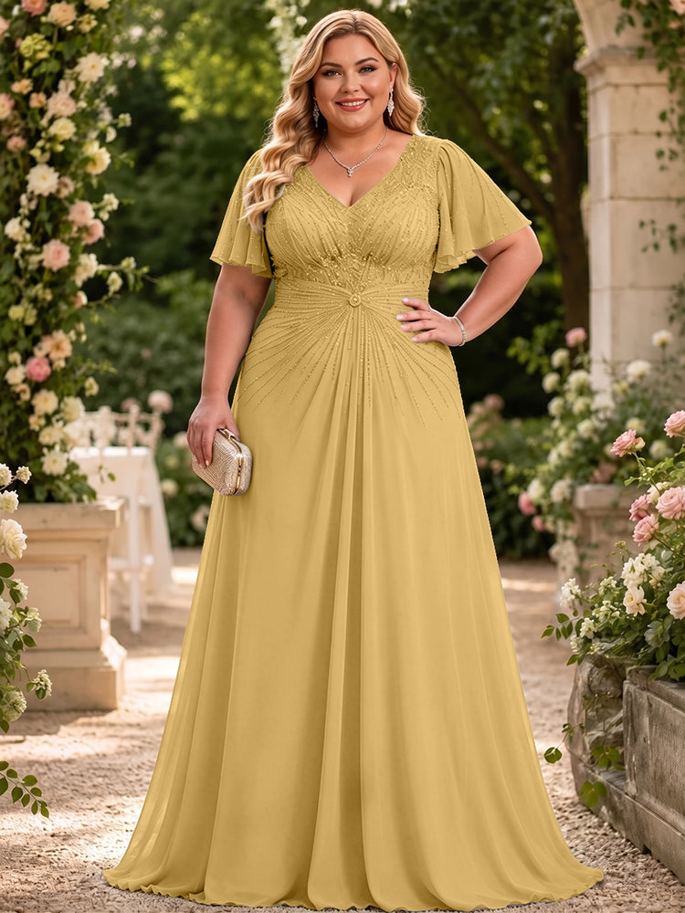 Chiffon A-Line V Neck Plus Size Mother of the Bride Dresses with Beadings