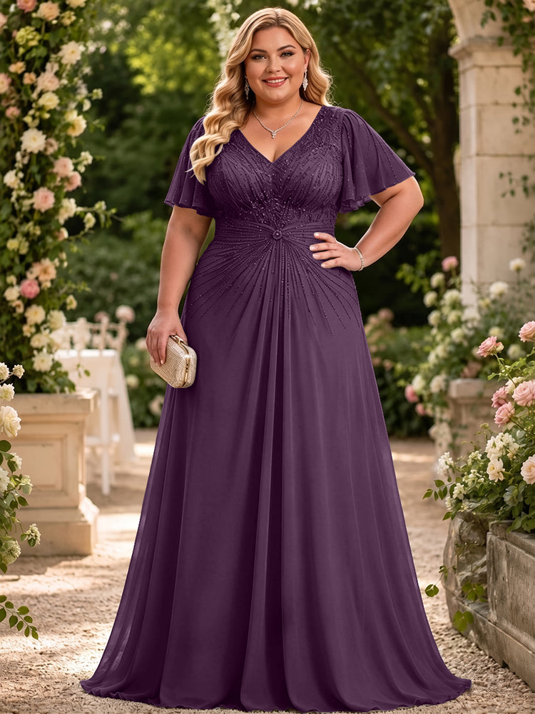 Chiffon A-Line V Neck Plus Size Mother of the Bride Dresses with Beadings