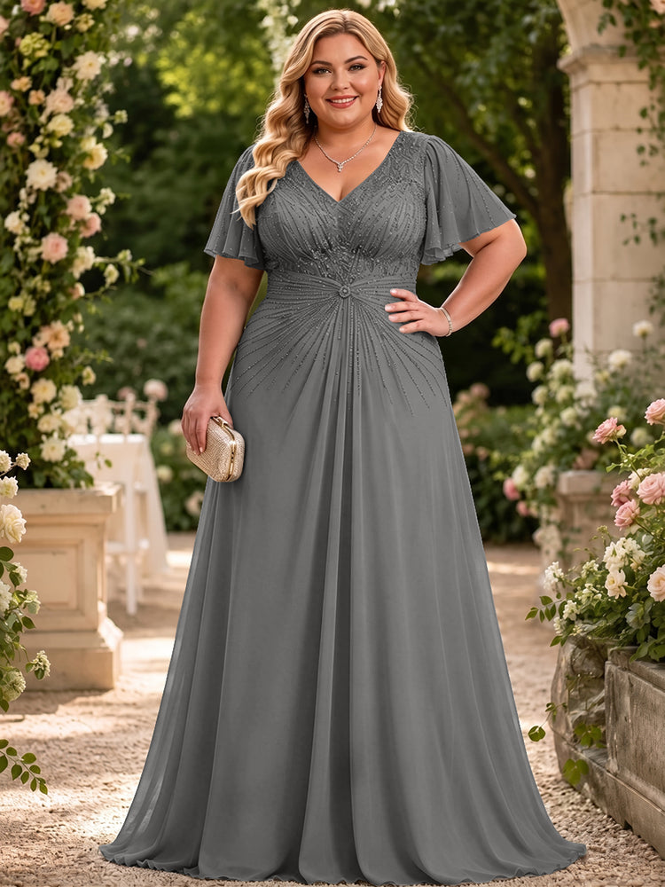 Chiffon A-Line V Neck Plus Size Mother of the Bride Dresses with Beadings