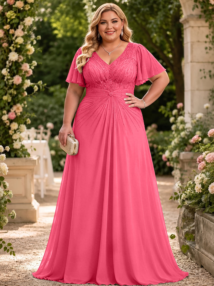 Chiffon A-Line V Neck Plus Size Mother of the Bride Dresses with Beadings