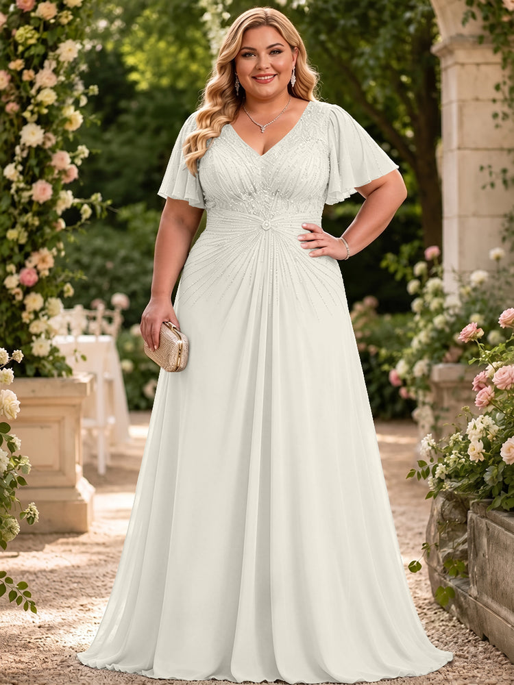 Chiffon A-Line V Neck Plus Size Mother of the Bride Dresses with Beadings