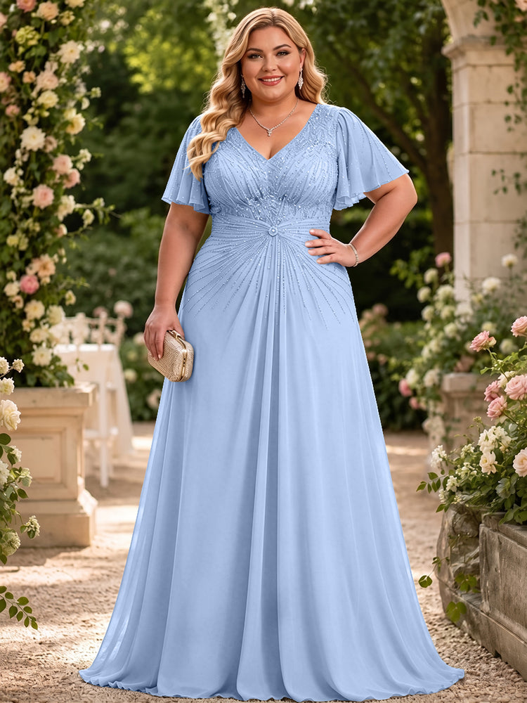 Chiffon A-Line V Neck Plus Size Mother of the Bride Dresses with Beadings