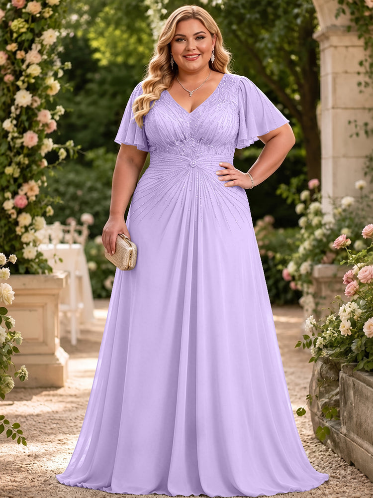 Chiffon A-Line V Neck Plus Size Mother of the Bride Dresses with Beadings