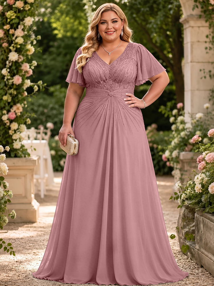 Chiffon A-Line V Neck Plus Size Mother of the Bride Dresses with Beadings
