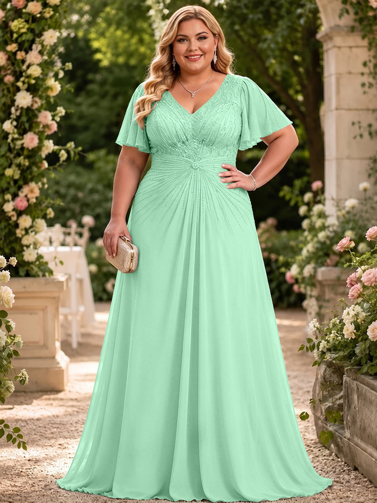 Chiffon A-Line V Neck Plus Size Mother of the Bride Dresses with Beadings