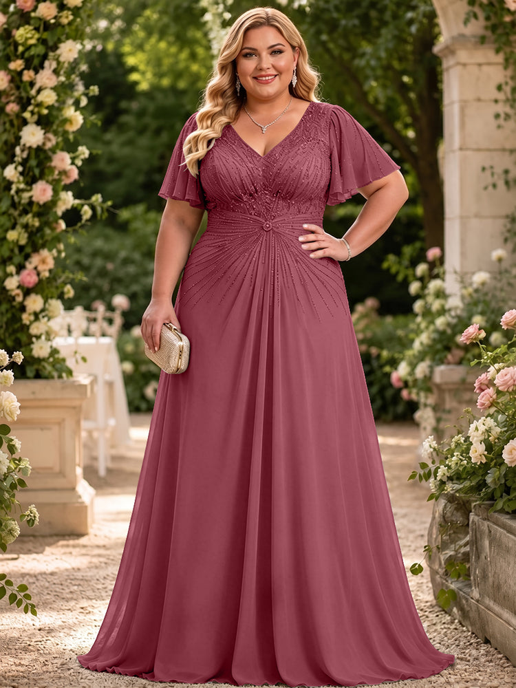 Chiffon A-Line V Neck Plus Size Mother of the Bride Dresses with Beadings