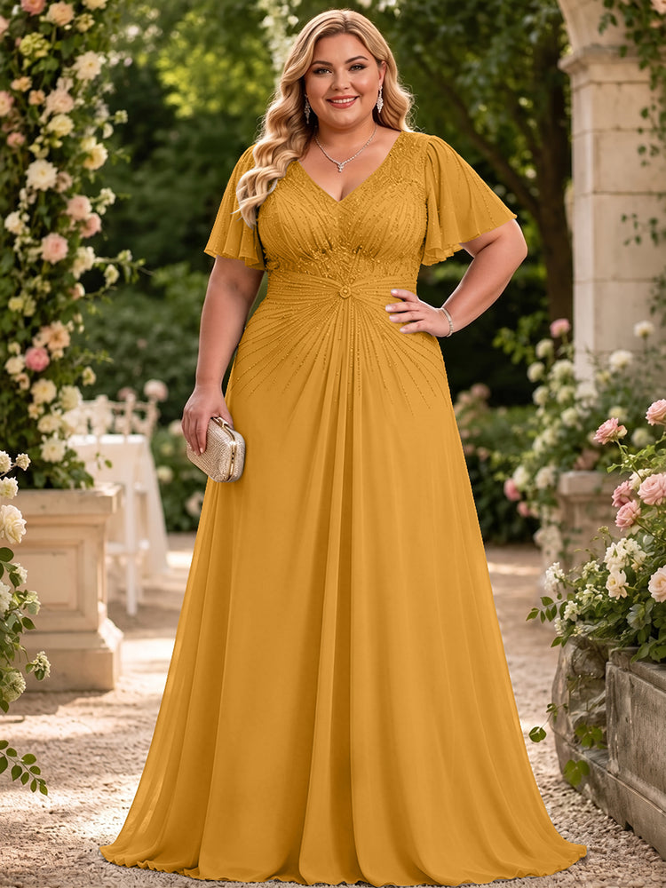 Chiffon A-Line V Neck Plus Size Mother of the Bride Dresses with Beadings