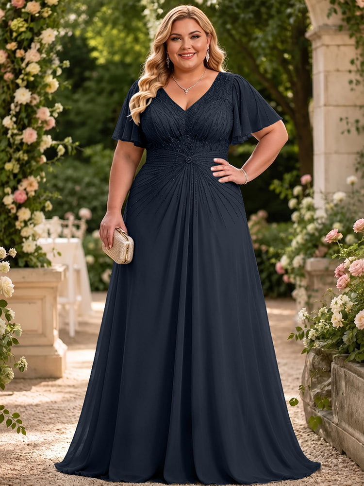 Chiffon A-Line V Neck Plus Size Mother of the Bride Dresses with Beadings