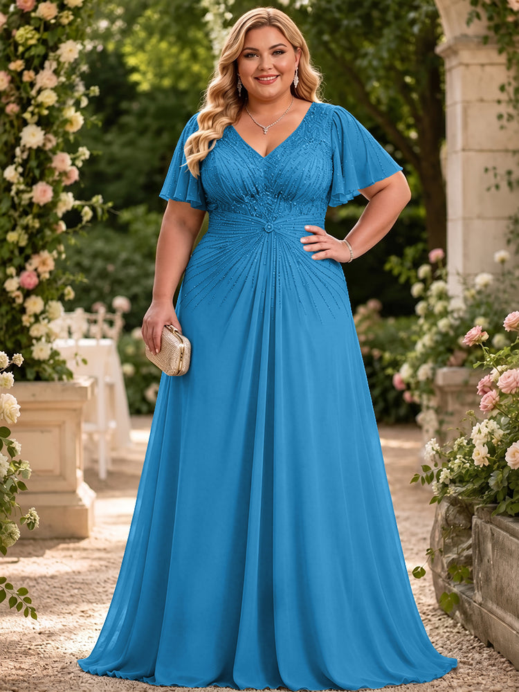 Chiffon A-Line V Neck Plus Size Mother of the Bride Dresses with Beadings