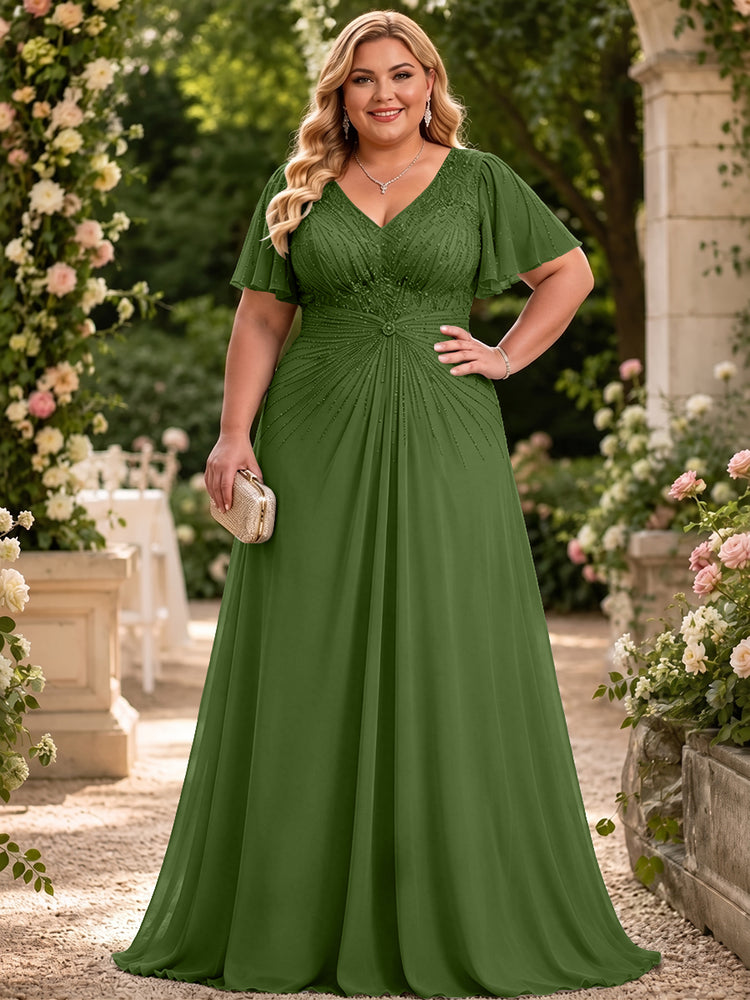 Chiffon A-Line V Neck Plus Size Mother of the Bride Dresses with Beadings
