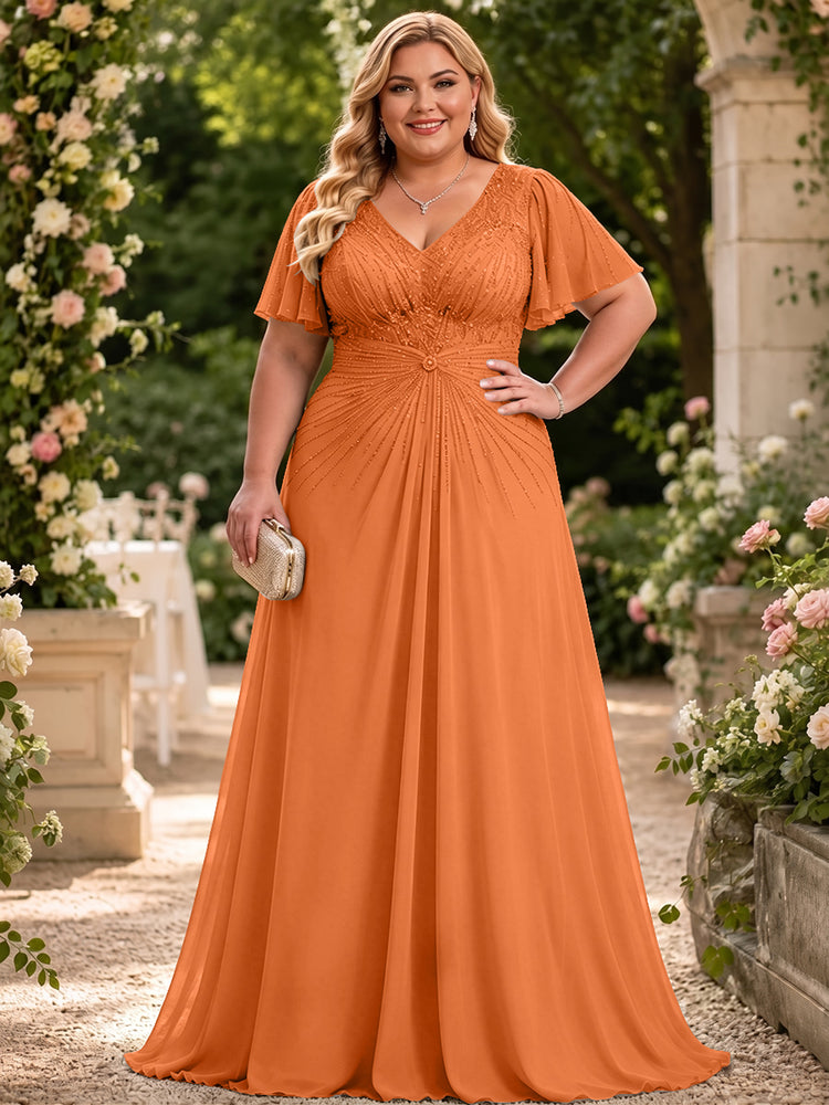 Chiffon A-Line V Neck Plus Size Mother of the Bride Dresses with Beadings