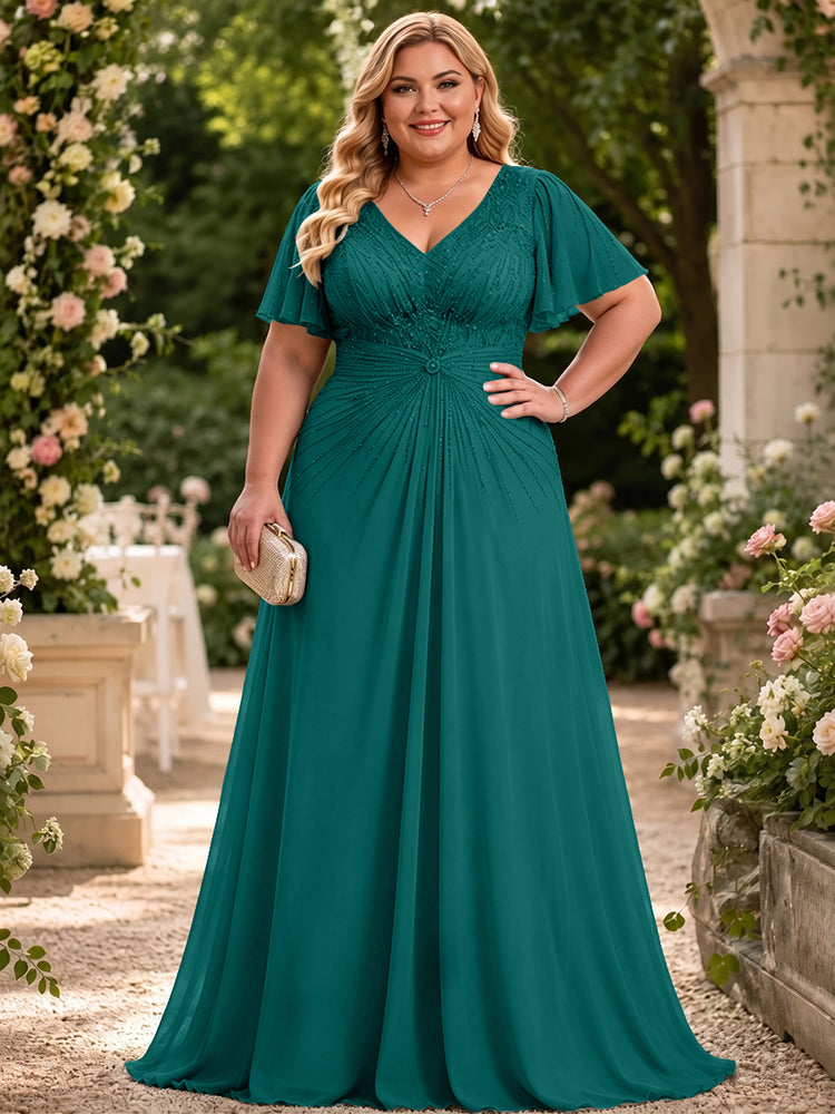 Chiffon A-Line V Neck Plus Size Mother of the Bride Dresses with Beadings