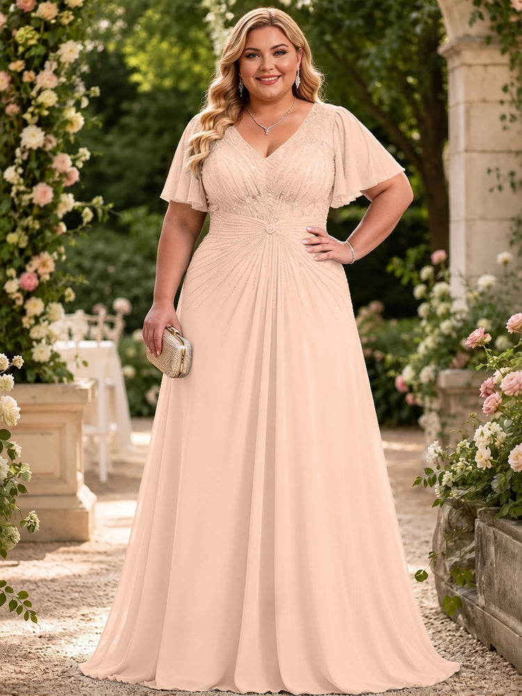 Chiffon A-Line V Neck Plus Size Mother of the Bride Dresses with Beadings