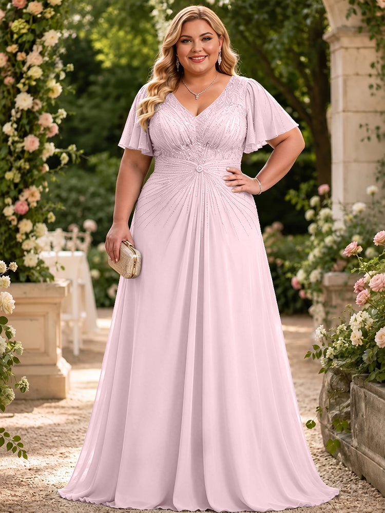 Chiffon A-Line V Neck Plus Size Mother of the Bride Dresses with Beadings