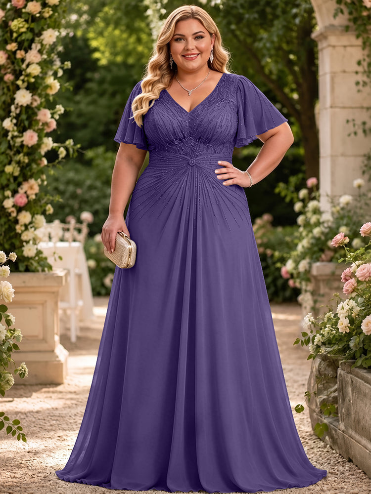 Chiffon A-Line V Neck Plus Size Mother of the Bride Dresses with Beadings
