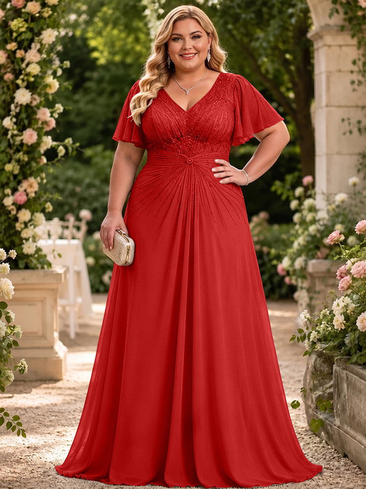 Chiffon A-Line V Neck Plus Size Mother of the Bride Dresses with Beadings