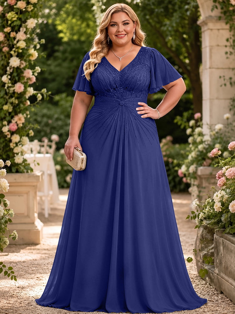 Chiffon A-Line V Neck Plus Size Mother of the Bride Dresses with Beadings
