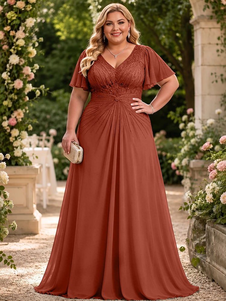 Chiffon A-Line V Neck Plus Size Mother of the Bride Dresses with Beadings