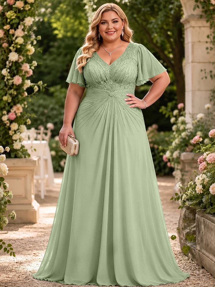 Chiffon A-Line V Neck Plus Size Mother of the Bride Dresses with Beadings