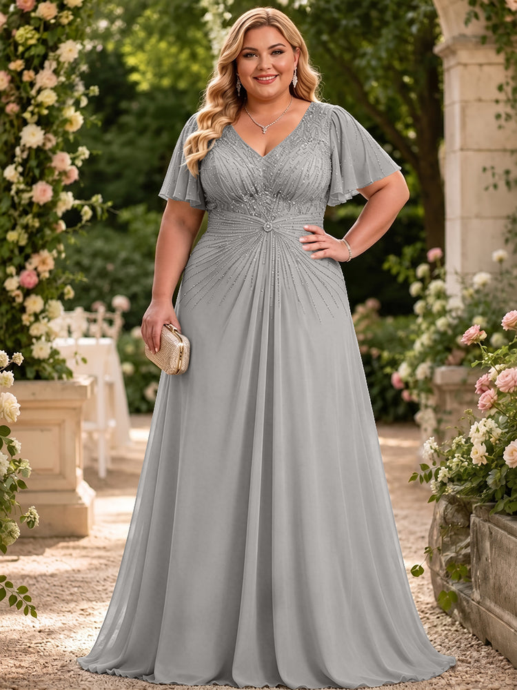 Chiffon A-Line V Neck Plus Size Mother of the Bride Dresses with Beadings