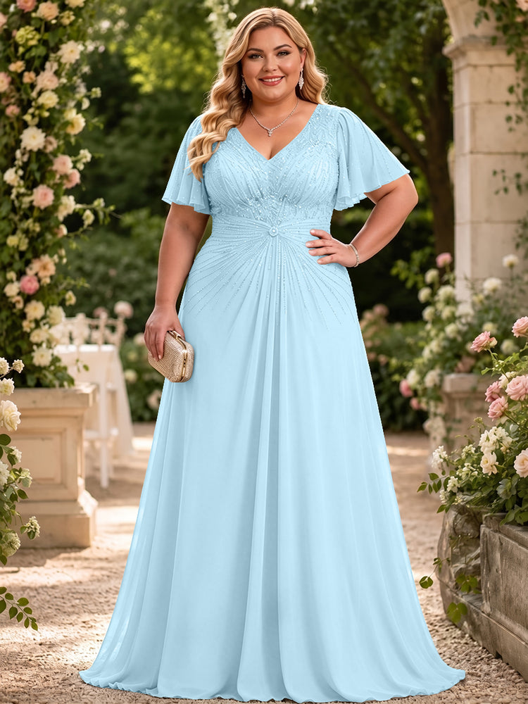 Chiffon A-Line V Neck Plus Size Mother of the Bride Dresses with Beadings