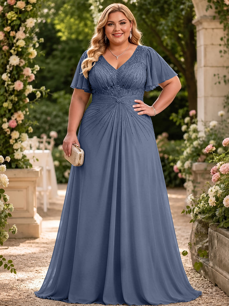 Chiffon A-Line V Neck Plus Size Mother of the Bride Dresses with Beadings