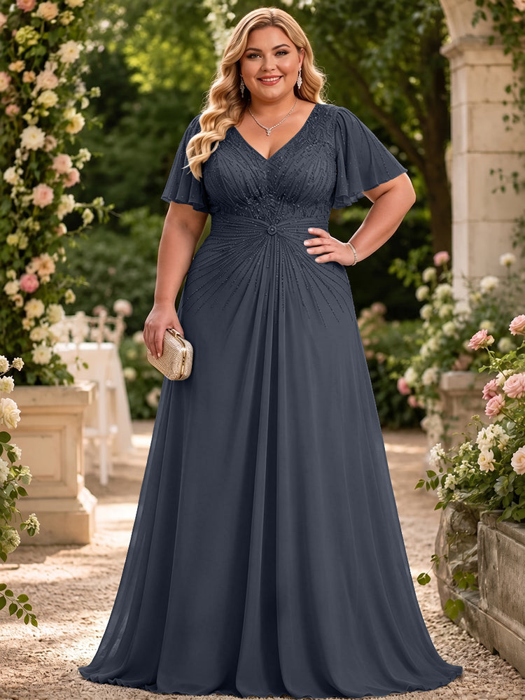 Chiffon A-Line V Neck Plus Size Mother of the Bride Dresses with Beadings