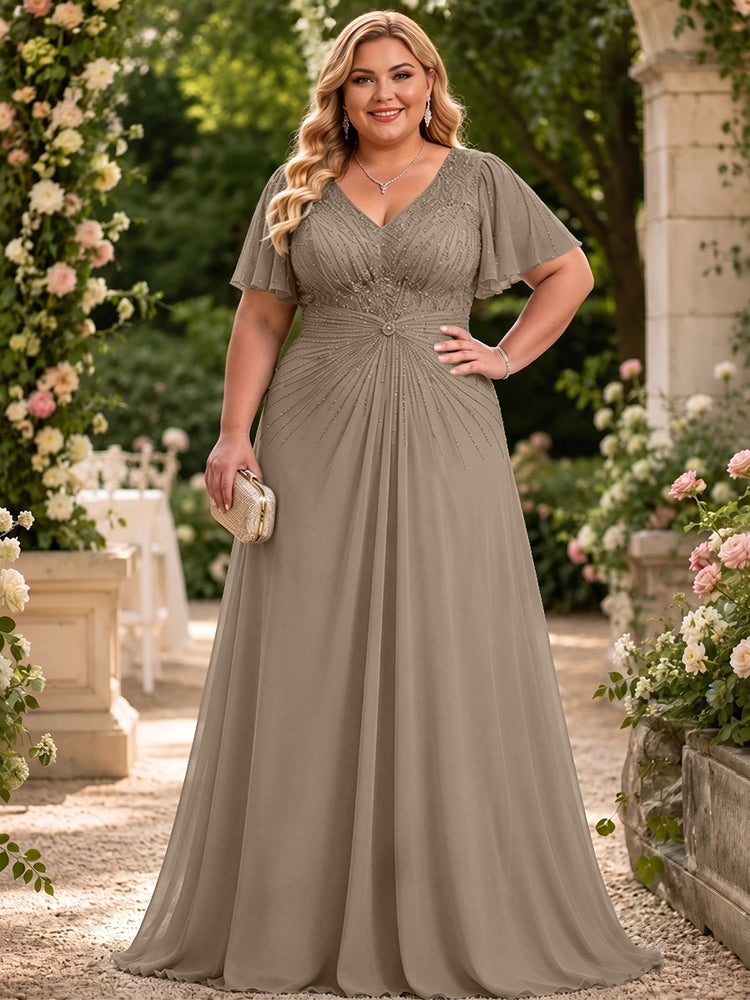 Chiffon A-Line V Neck Plus Size Mother of the Bride Dresses with Beadings