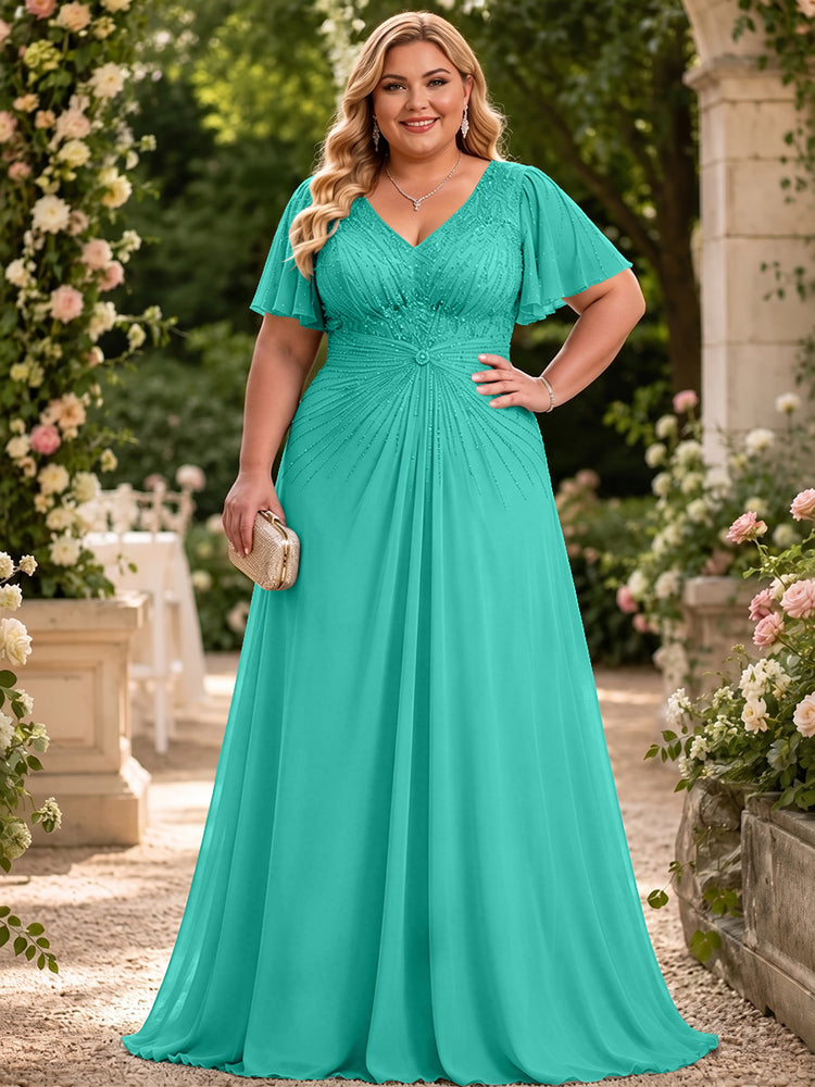Chiffon A-Line V Neck Plus Size Mother of the Bride Dresses with Beadings