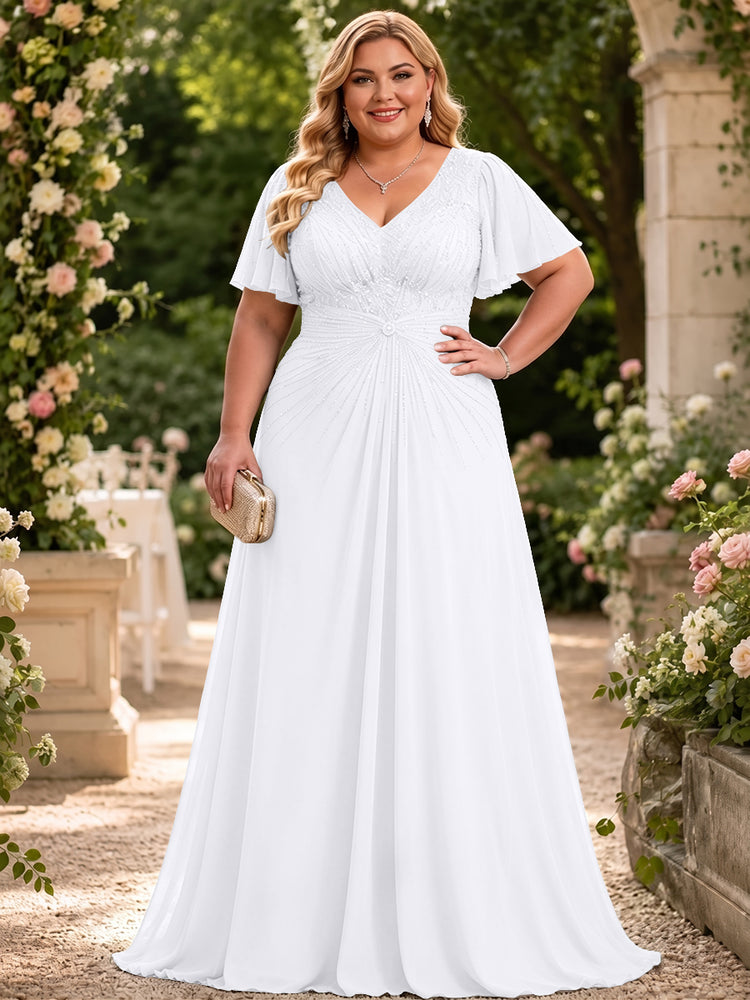 Chiffon A-Line V Neck Plus Size Mother of the Bride Dresses with Beadings