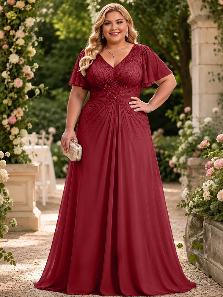 Chiffon A-Line V Neck Plus Size Mother of the Bride Dresses with Beadings