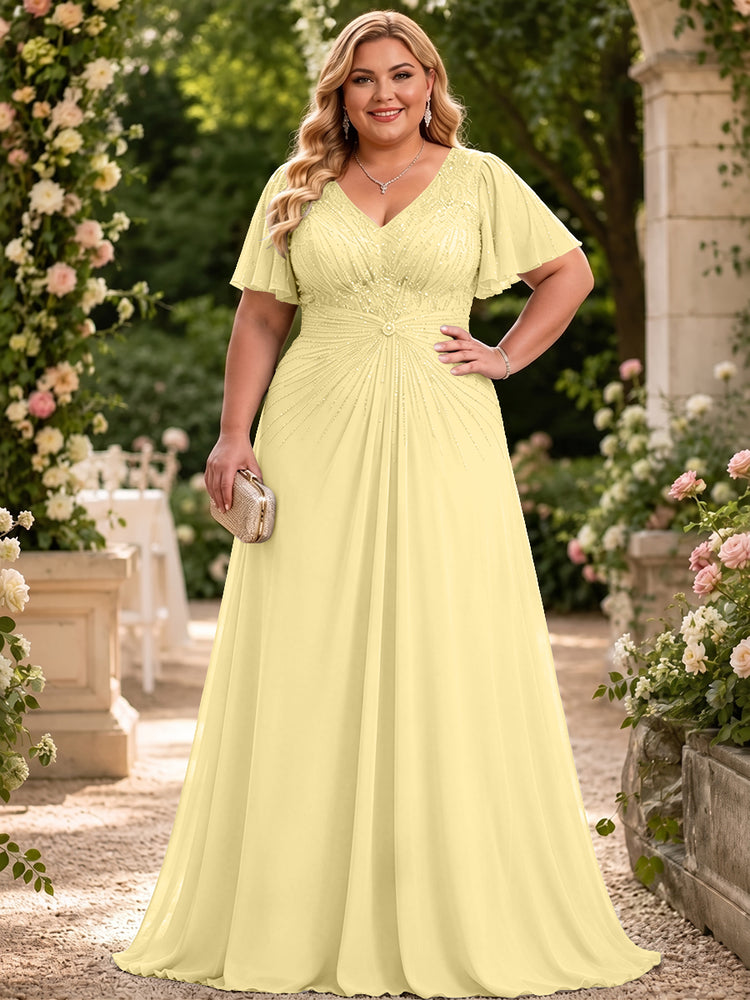 Chiffon A-Line V Neck Plus Size Mother of the Bride Dresses with Beadings