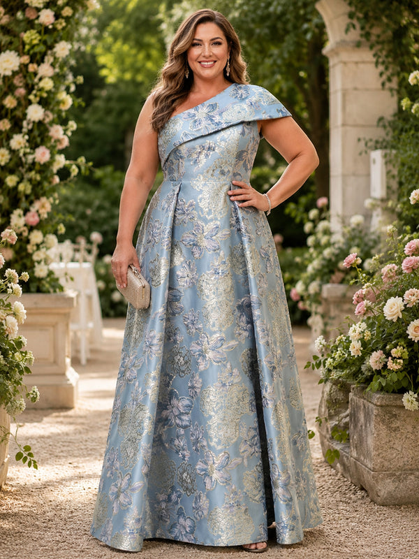 Jacquard A-Line One Shoulder Plus Size Mother of the Bride Dresses with Pleats
