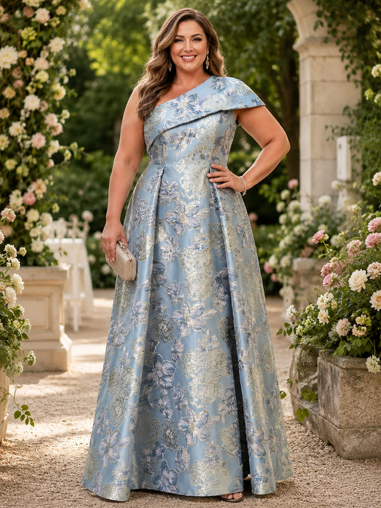 Jacquard A-Line One Shoulder Plus Size Mother of the Bride Dresses with Pleats