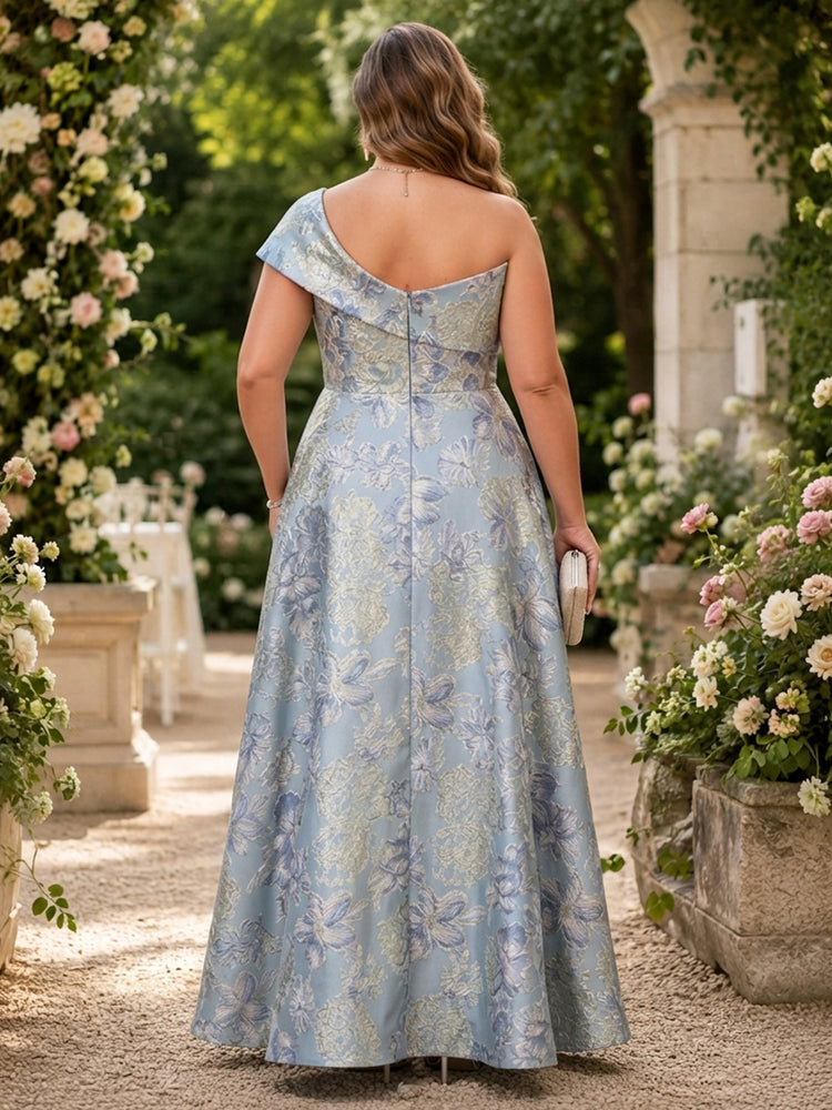 Jacquard A-Line One Shoulder Plus Size Mother of the Bride Dresses with Pleats