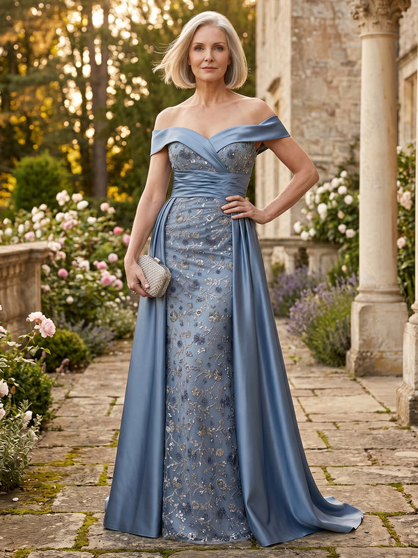 Tulle A-Line Off the Shoulder Long Mother of the Bride Dresses with Sequin Embroidery