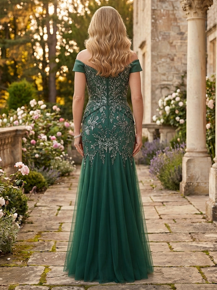 Tulle Mermaid Off the Shoulder Long Mother of the Bride Dresses with Sequin Embroidery