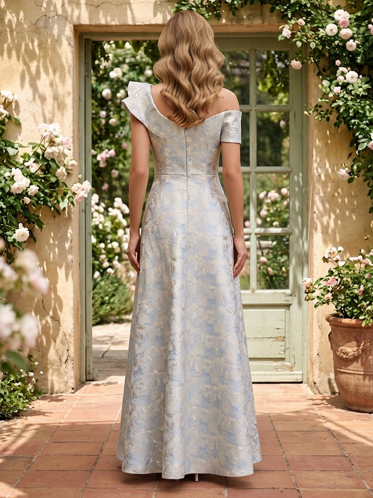 Jacquard A-Line Asymmetric Neck Long Mother of the Bride Dresses with Ruffles