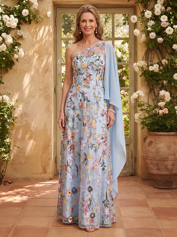 Tulle A-Line One Shoulder Long Mother of the Bride Dresses with Floral Embroidery