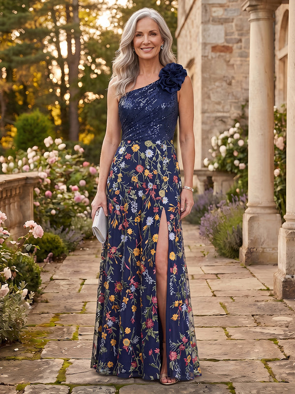 Tulle A-Line One Shoulder Long Mother of the Bride Dresses with Floral Embroidery