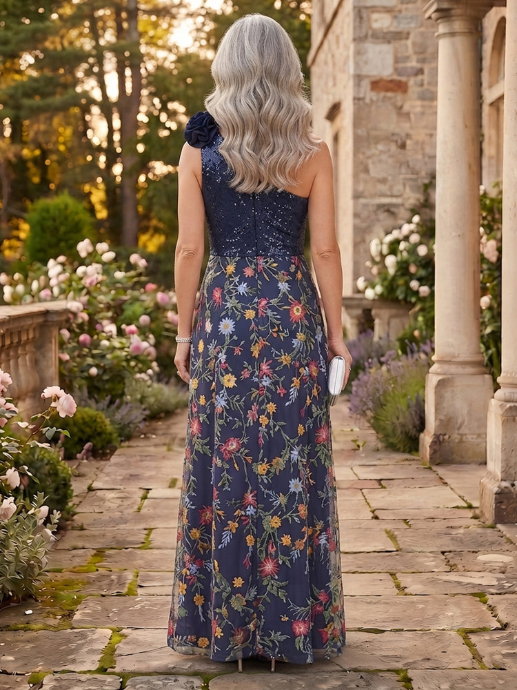 Tulle A-Line One Shoulder Long Mother of the Bride Dresses with Floral Embroidery