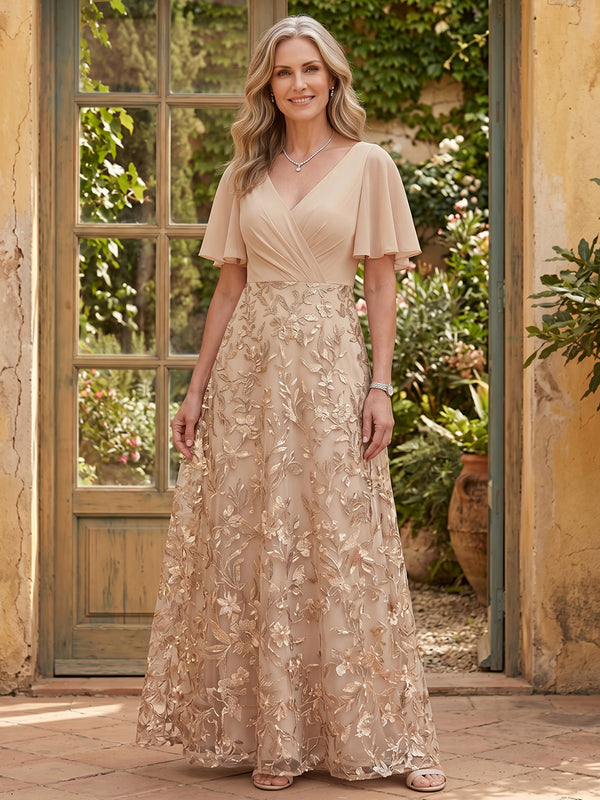 Chiffon A-Line V Neck Long Mother of the Bride Dresses with Applique