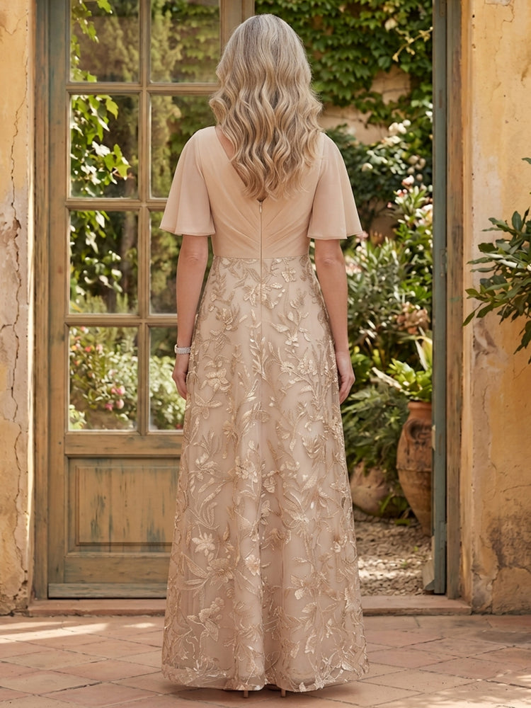 Chiffon A-Line V Neck Long Mother of the Bride Dresses with Applique