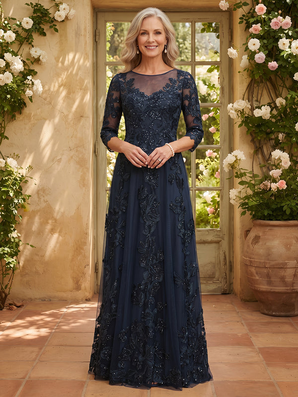 Tulle A-Line Jewel Neck Long Mother of the Bride Dresses with Sequin Embroidery