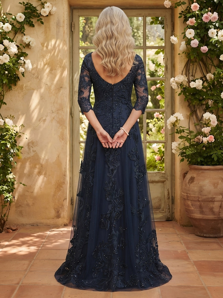 Tulle A-Line Jewel Neck Long Mother of the Bride Dresses with Sequin Embroidery
