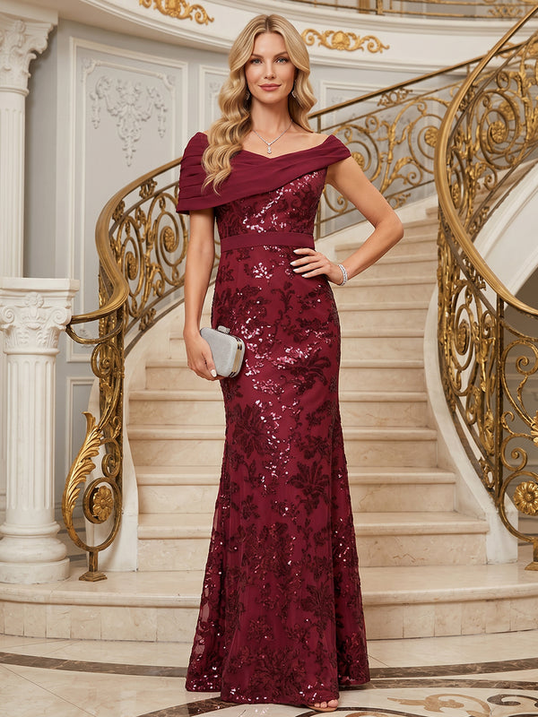 Tulle Mermaid Asymmetric Neck Long Mother of the Bride Dresses with Sequin Embroidery