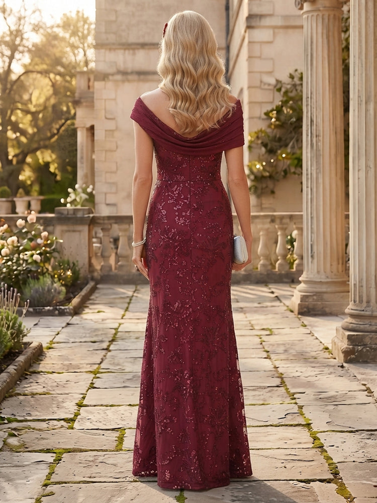 Tulle Mermaid Asymmetric Neck Long Mother of the Bride Dresses with Sequin Embroidery